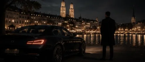 Auto und Mann vor Zürich bei Nacht